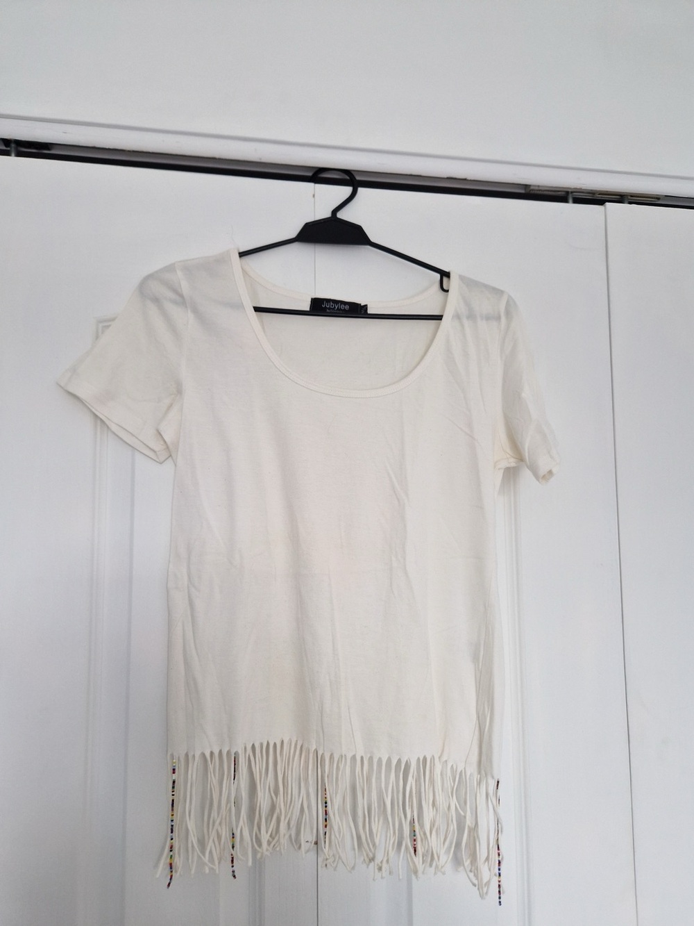 Cream Scoop Neck Fringe Hem Tee